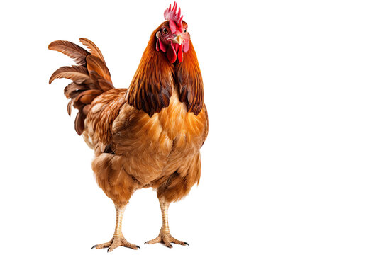 A young hen of Caucasian descent standing alone on a plain transparent background.