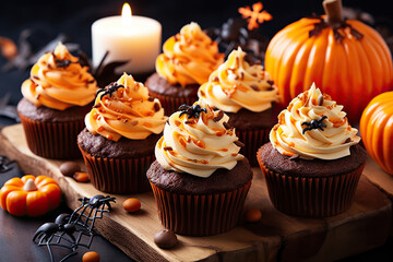 Delicious Halloween Cupcakes and Pumpkins on Wooden Background Sweets for Holiday Party. created with Generative AI