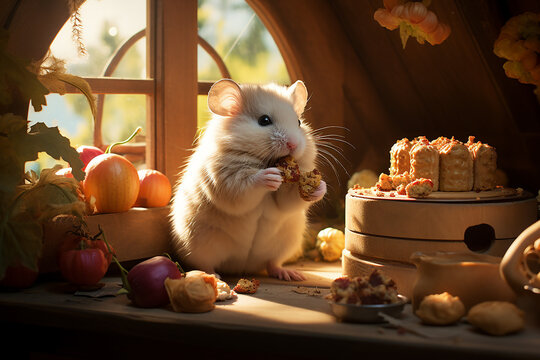 Cute Fat Hamster Eating Delicious Cookies in Tree House in the Morning