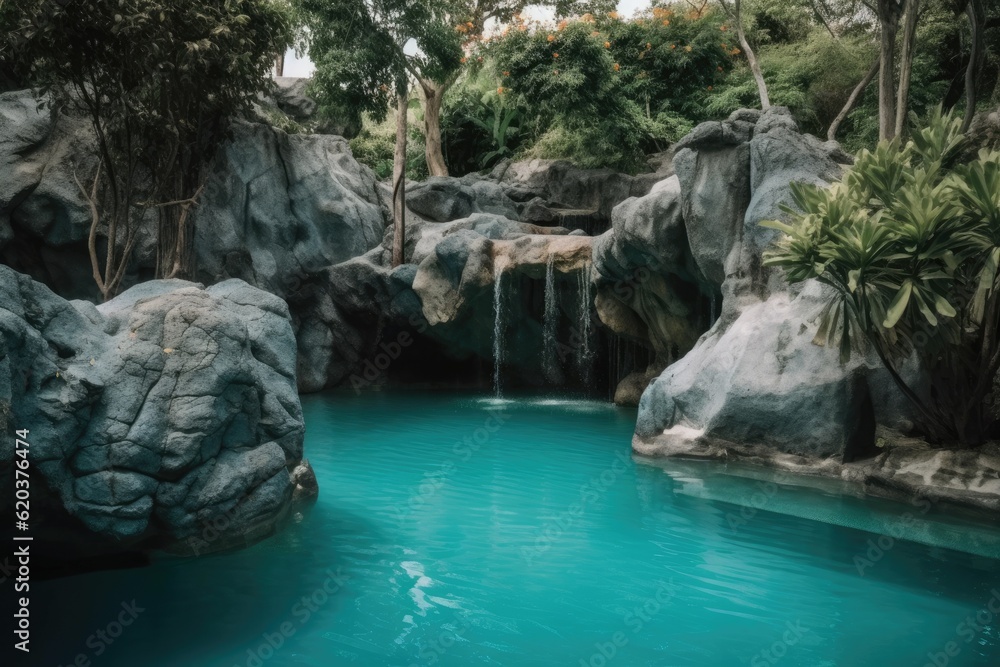 Poster tranquil pool with a cascading waterfall in the center