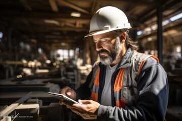 middle aged male architect At a construction site while working with a digital tablet The foreman wears a helmet while working on a construction site. Successful and proud inspector