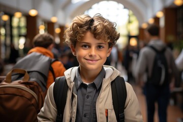 Smiling Hispanic boy looking at the camera Elementary school boy carrying a backpack and standing in the library at school Cheerful middle eastern boy standing against library background
