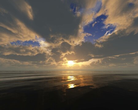 Beautiful sea sunset, sunrise in the ocean, sun in the morning over the water among the clouds, 3d rendering
