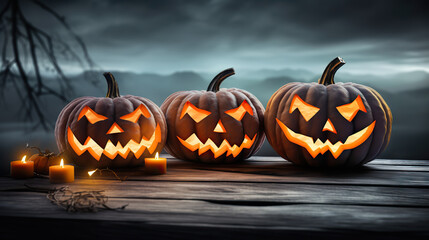 Haunted Harvest Trio Three Spooky Halloween Pumpkins with Evil Faces on Wooden Bench, Table, and Misty Gray Coastal Night Background - Perfect for Product Placement. created with Generative AI