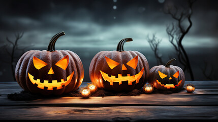 Haunted Harvest Trio Three Spooky Halloween Pumpkins with Evil Faces on Wooden Bench, Table, and Misty Gray Coastal Night Background - Perfect for Product Placement. created with Generative AI