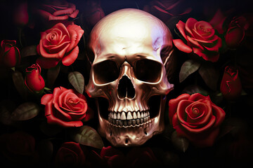 Eternal Contrast Skull and Roses in Captivating Digital Art Display. created with Generative AI
