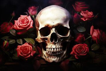 Eternal Contrast Skull and Roses in Captivating Digital Art Display. created with Generative AI