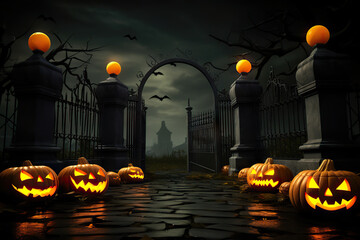Gates of the Beyond Cemetery Entrance with Scary Halloween Pumpkins, Set in a Dark Night - Halloween Holiday. created with Generative AI