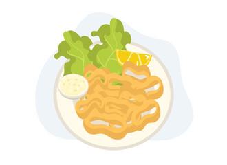 crispy Fried calamari rings with lemon wedge and tartar sauce . Top view. Flat vector cartoon illustration