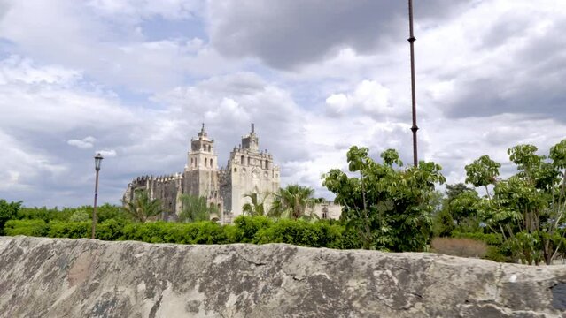 View of the Ex Convento Agustino San Mateo Ap&oacute;stol with blue sky and clouds ,in the state of Morelos, Mexico.