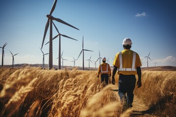 Renewable energy concept - engineer working at clean wind farm - renewable energy concept