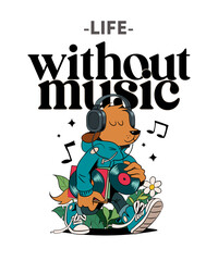 T-shirt illustration of a dog with headphones walking down the street and holding music records