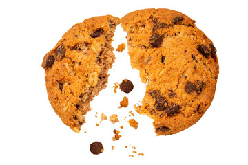 Biscuits broken into two halves with chocolate chips on a transparent background.