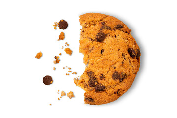 Half of cookies with chocolate and scattered crumbs on a transparent background.