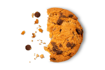 Half of cookies with chocolate and scattered crumbs on a transparent background.