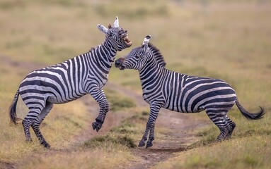 Male zebras fighting in the savannah