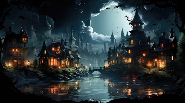 Mysterious Village Under Moonlit Sky. Mysterious village under eerie moonlight with strange houses near river. Perfect for Halloween.