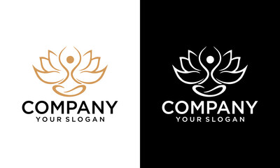 yoga logo design stock. human meditation in lotus flower vector illustration in gold color