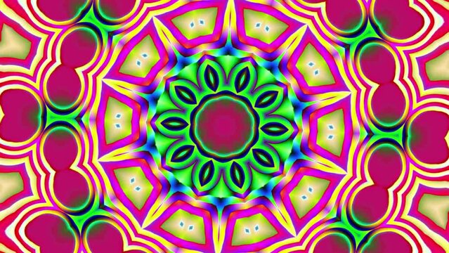 Rotation of colorful floral shape pattern kaleidoscope. 2D computer rendering motion graphic