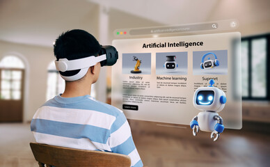 Asian teenager is learning about AI with chat bot 3D via VR headset, technology and education...