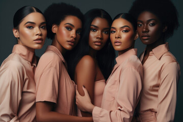 Inclusive Beauty: Diverse Women Embracing Beauty Glamour and Neutral Fashion Campaign Retouched Powerful Generative AI