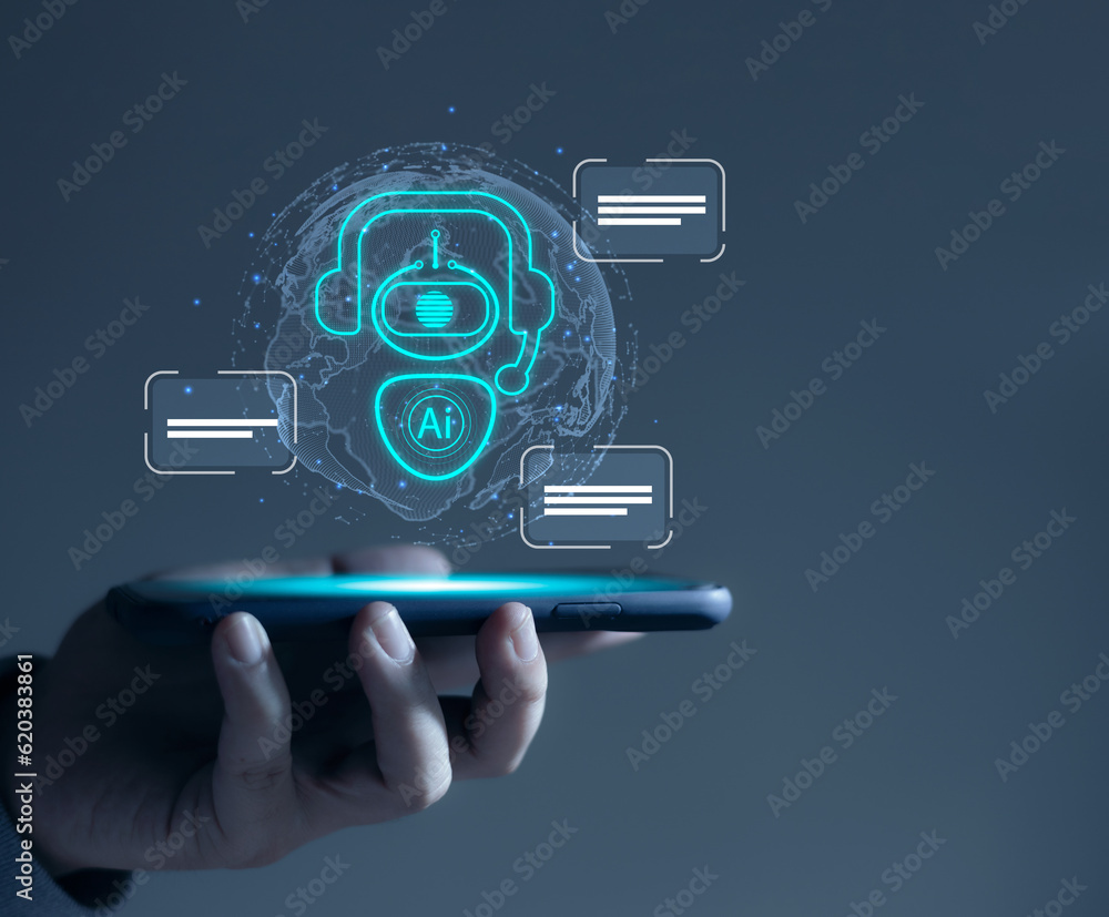 Poster ai robot icon on smartphone, chat concept with ai artificial intelligence