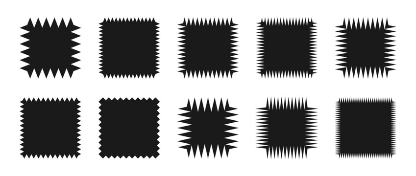Zig zag edge square shape set. Jagged elements collection. Graphic design elements for decoration, banner, poster, template, sticker, badge. Vector