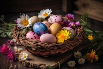 Obraz na płótnie Canvas A basket full of decorated Easter eggs and colorful flowers. Happy Easter Sunday concept with painted eggs and wildflowers. A basket full of Easter eggs on a wooden table with flowers. Generative AI.