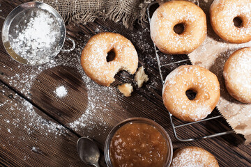 homemade donuts on a wooden table