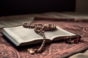 Islamic holy book Quran with Muslim prayer beads and ornaments on a rug. Opened Quran on a prayer rug with Islamic prayer beads on top. Islamic religious illustration for Muslims. Generative AI.