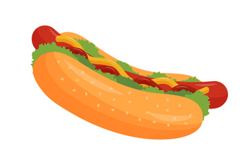 Hot dog with mustard, ketchup and salad leaves. American fast food.