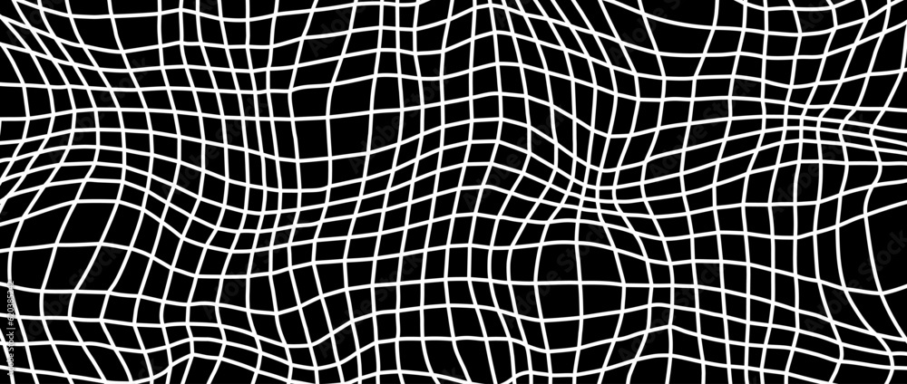 Poster Distorted outline wireframe background. Abstract wavy flowing chessboard wallpaper. Warped curved grid surface pattern. White on black geometric texture with optical illusion effect. Vector