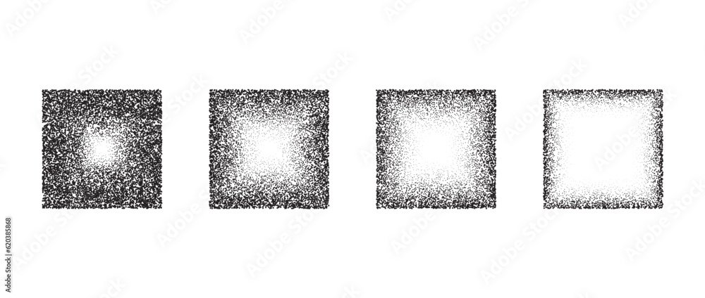 Aufkleber Fading square gradient set. Black dotted texture element collection. Stippled shade object pack. Noise grain dotwork shapes. Halftone effect illustrations bundle. Vector illustration