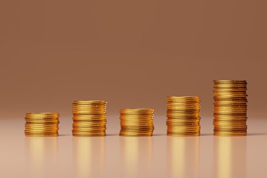 set of shinny gold coin stacking, with a pastel colour background, 3d render image