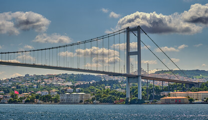 Istanbul, Bosphorus Strait, View of the Asian part of the city and a bridge from the pier Ortakoy