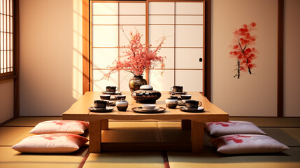 Japanese dining room with a low table and cushions. Interior design of dining room decorated in simple colors and patterns, and with sense of community and togetherness
