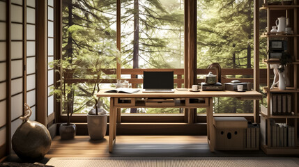 Japanese home office with a shoji screen desk. Interior design of office furnished with simple furniture in neutral colors, and plenty of natural light and a sense of focus - obrazy, fototapety, plakaty