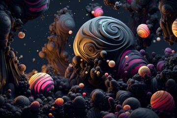 Obraz na płótnie Canvas Abstract psychedelic background futuristic bright bumps and balls. AI