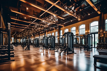Modern gym interior with sports equipment, fitness equipment, fitness center interior, and workout gym in the gym.