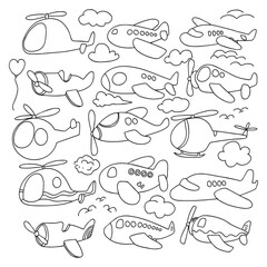 set of List of different airplane, aircraft, aeroplane, plane and aviation icons. Artwork show airliner, jet, light aircraft, cargo plane, airship, helicopter, space rocket, biplane, monoplane