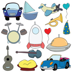 set of music and transportation doodles design isolated on white background