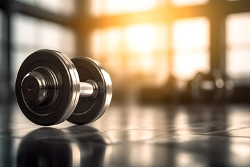 dumbbells on the floor in concept fitness room with blurred gym interior