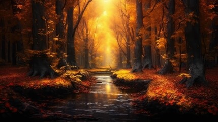 Fototapeta na wymiar autumn forest tree, rays divine lights