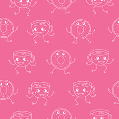 Seamless pattern with cute donuts and a cup on a pink background. Vector illustration for your design