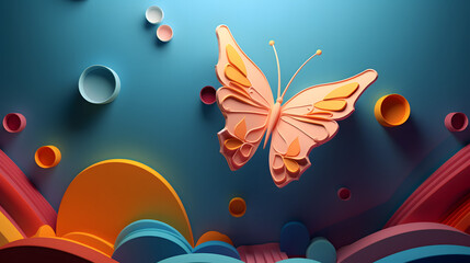 Fototapeta na wymiar Yellow Butterfly on a Sky Blue Background, Generative AI