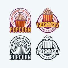 Popcorn logo badge with an illustration of popcorn in the bucket. Popcorn design logo collection. - obrazy, fototapety, plakaty