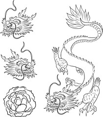Japanese red dragon tattoo.Dragon on red background for Chinese New Year.Gold Chinese Dragon vector.Gold line art King Dragon tattoo.cartoon vector for t-shirt.