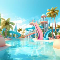 water park with palms and slides on blue sky. generative ai