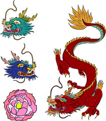 Japanese red dragon tattoo.Dragon on red background for Chinese New Year.Gold Chinese Dragon vector.Gold line art King Dragon tattoo.cartoon vector for t-shirt.