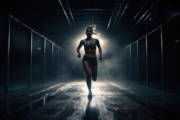 Fototapeta na wymiar A strong athletic, woman sprinter, running on black background wearing in the sportswear, fitness and sport motivation. Runner concept, Generative AI. 
